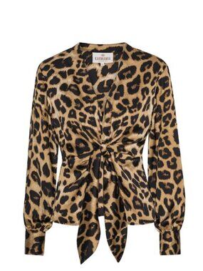 Karmamia Blair Leopard Print Satin Tie Front Blouse Long Sleeve Size S
